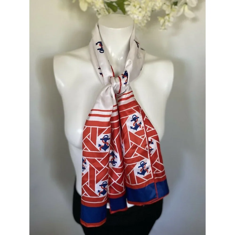 Vintage Nautical Americana Red White‎ Blue Scarf Anchors Silky Fabric 52